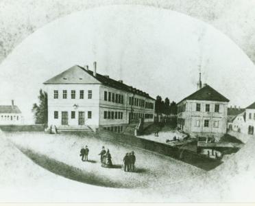 Pohled na továrnu firmy Stein kolem roku 1860.